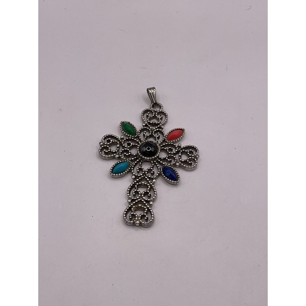Vintage Avon Multi-Color Gem Cross Pendant Silver Tone Jewelry